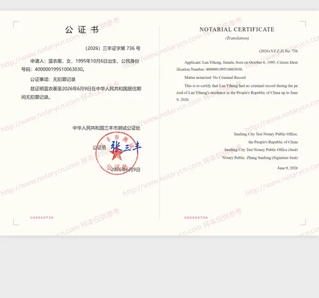 无犯罪记录公证公证书样本